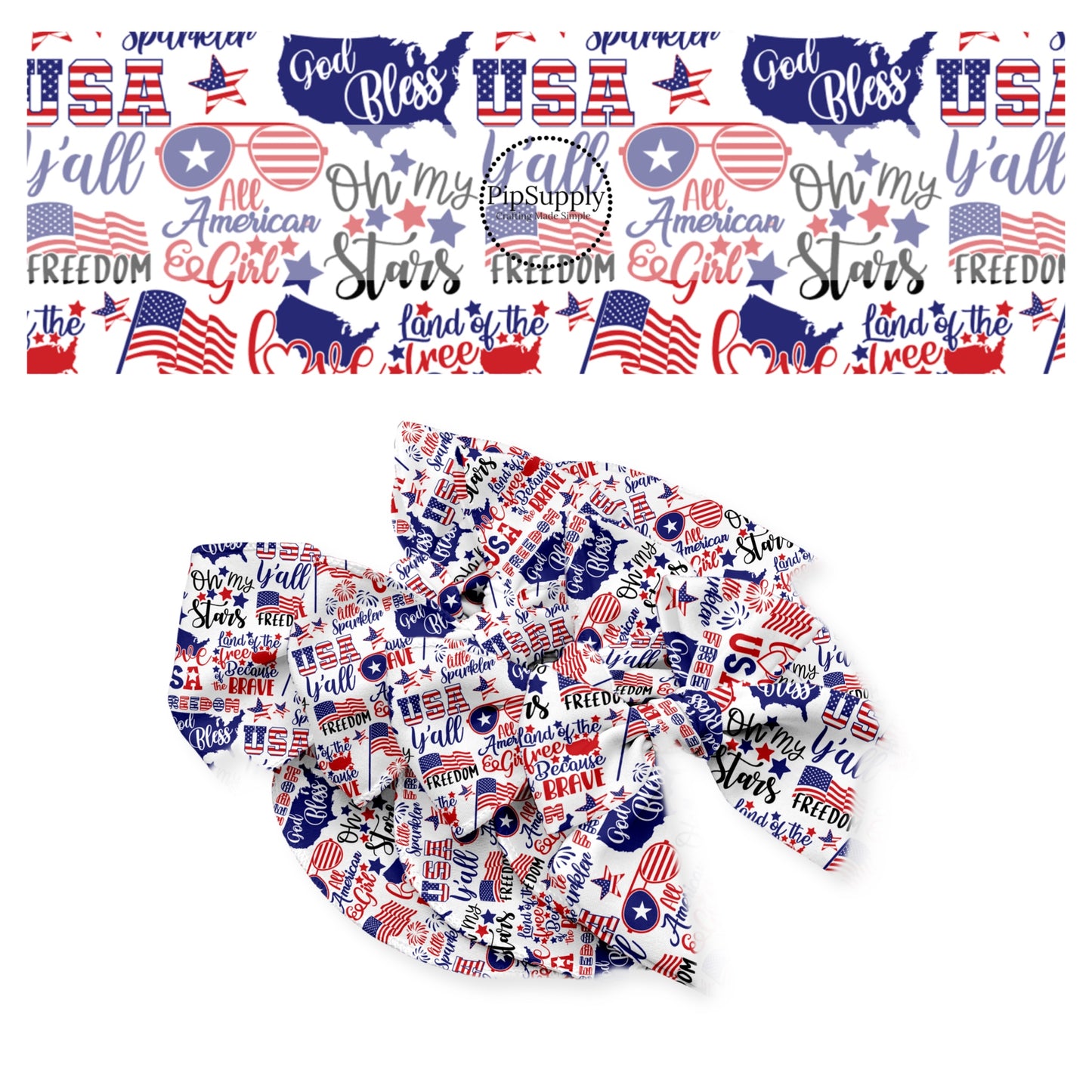 Red white and blue freedom sayings on white bow strips