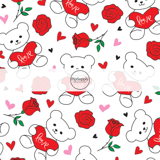 White illustration with valentine teddy bears fabric by the yard
