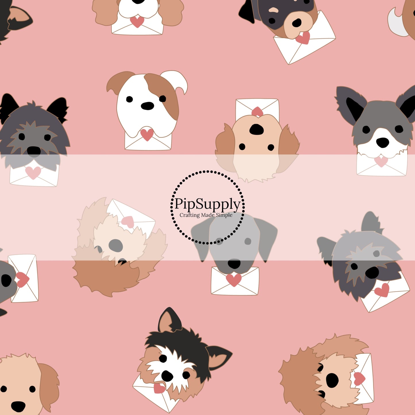 scattered puppy faces holding love letters on a pink background for bow strips