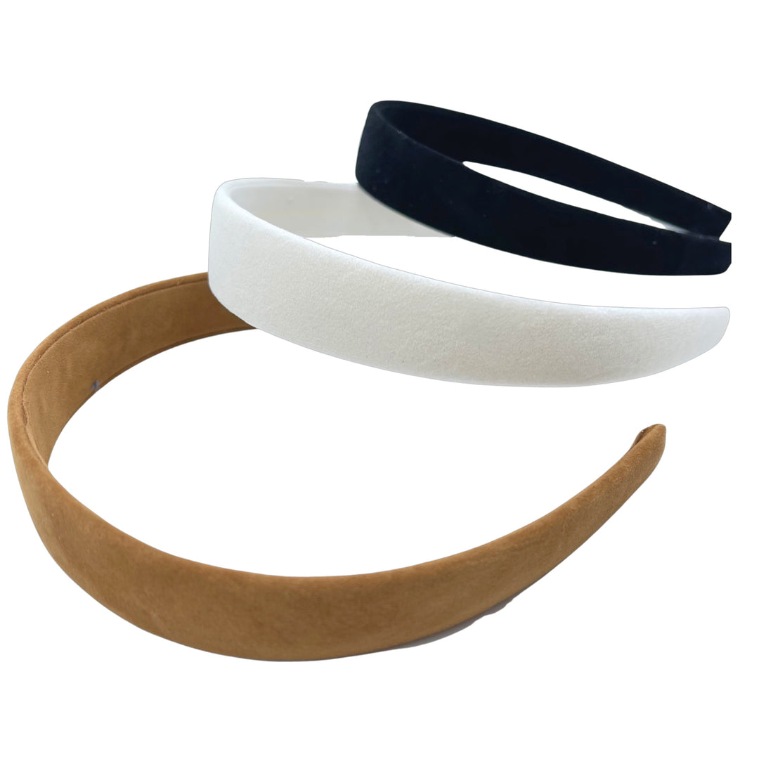 Side view of all 3 colored solid suede velvet headbands.