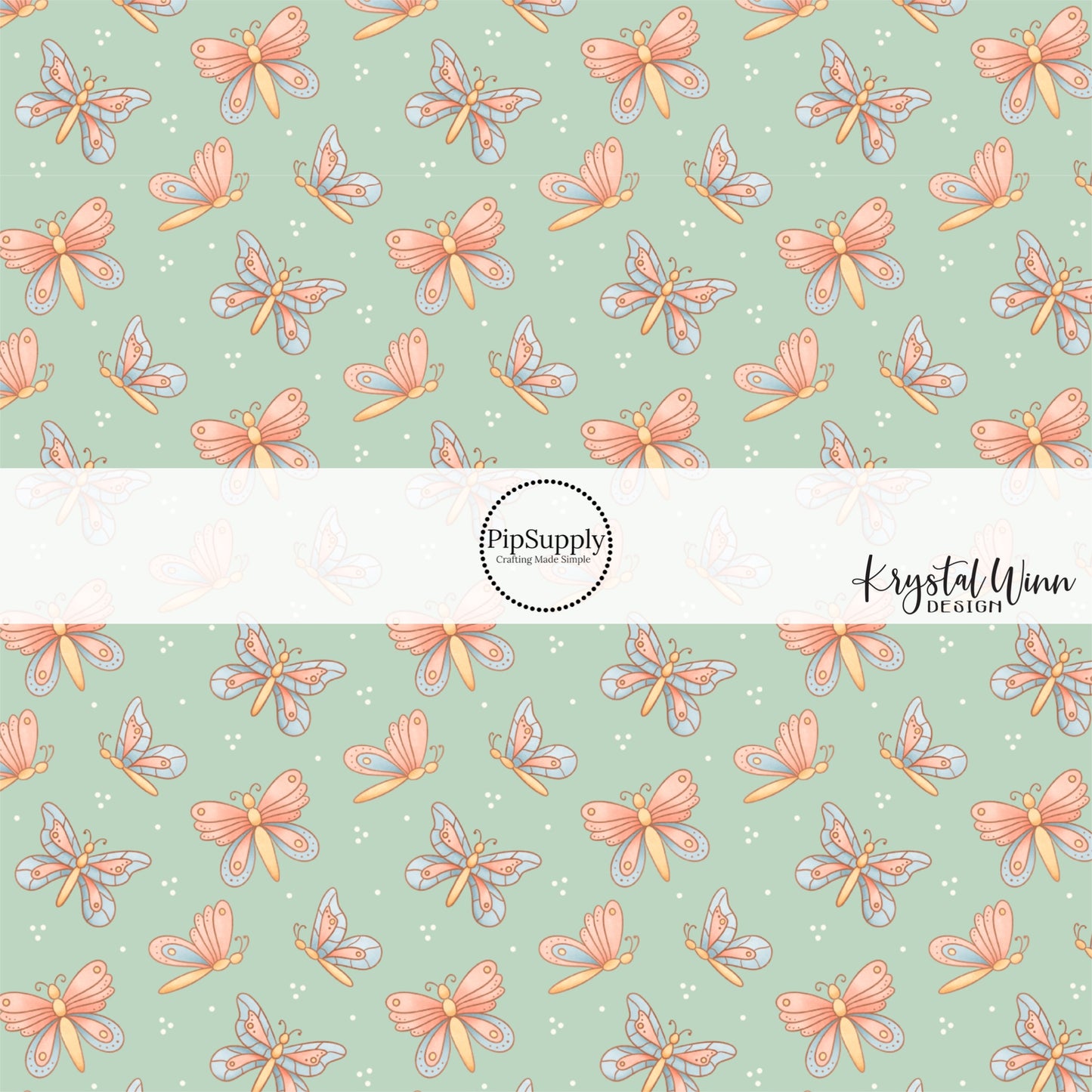 flying blue and pink butterflies on seafoam bow strips