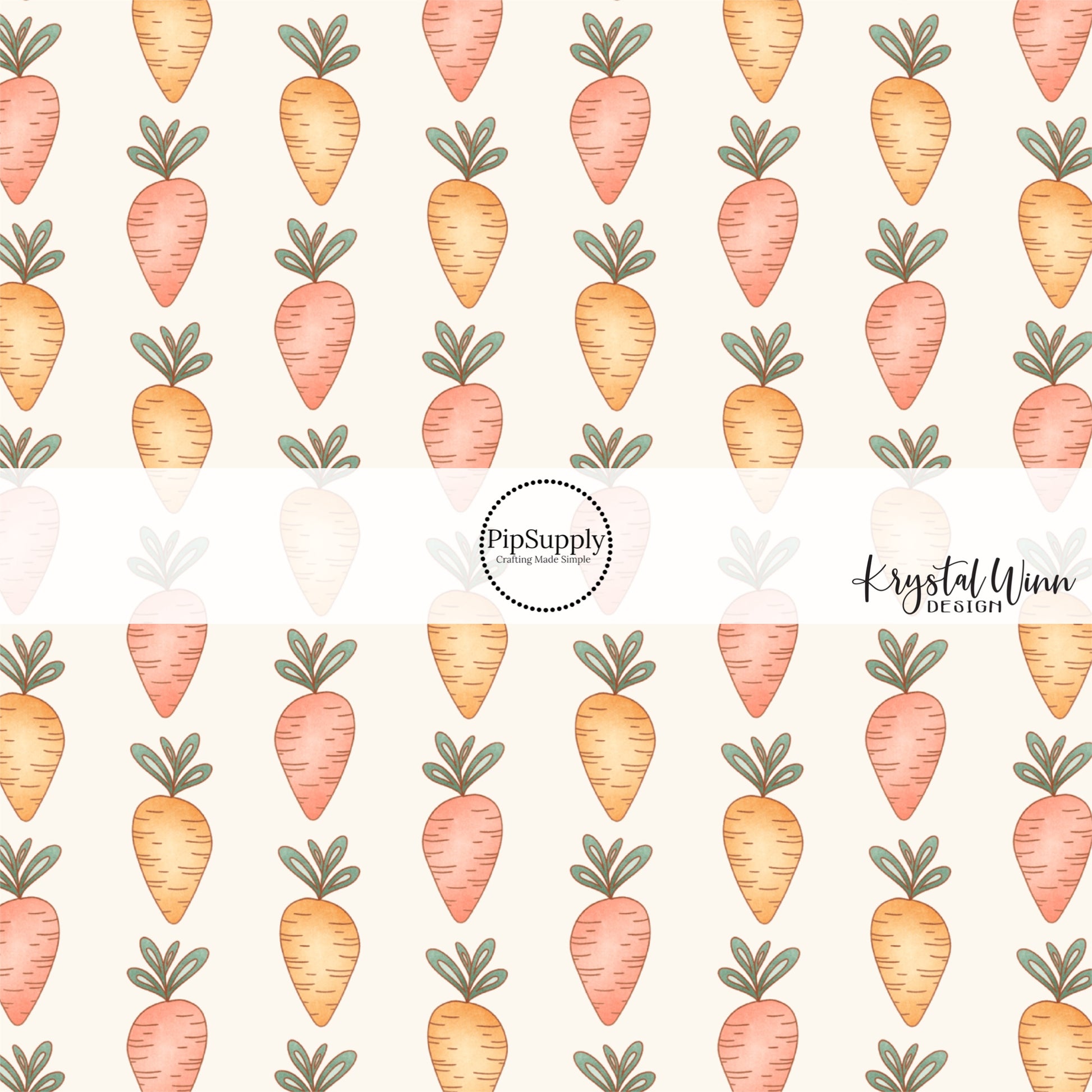 green leaves on peach and orange carrots on cream bows