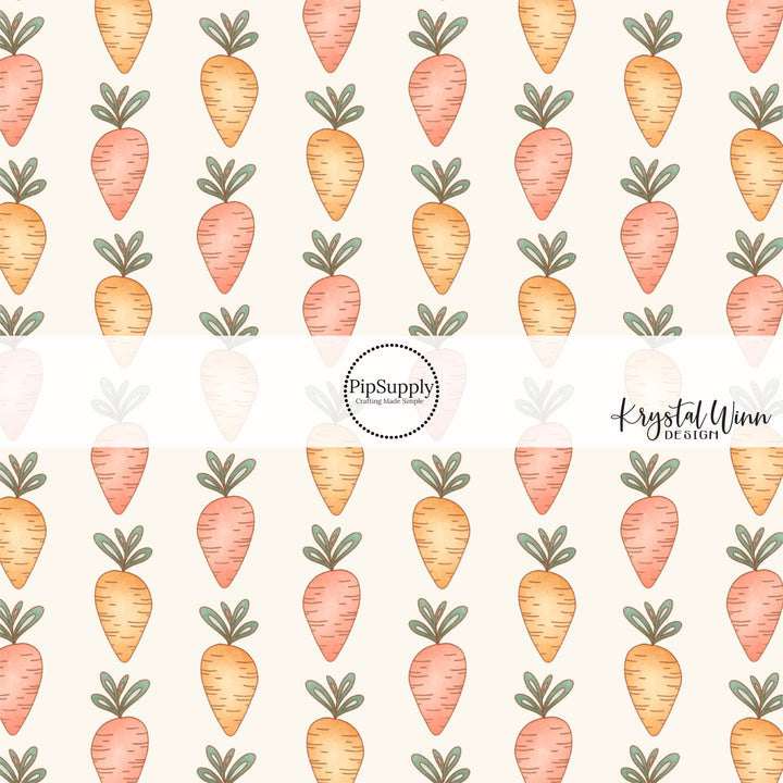 green leaves on peach and orange carrots on cream bows