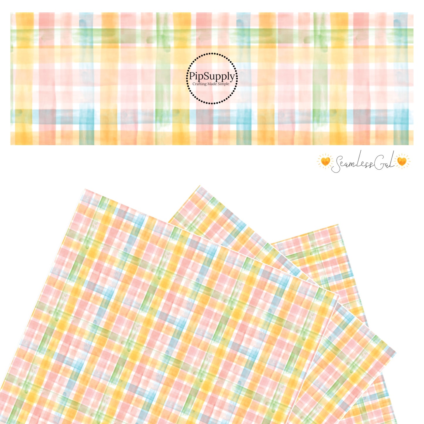 Peach, pink, blue, green, and yellow watercolor plaid faux leather sheets 