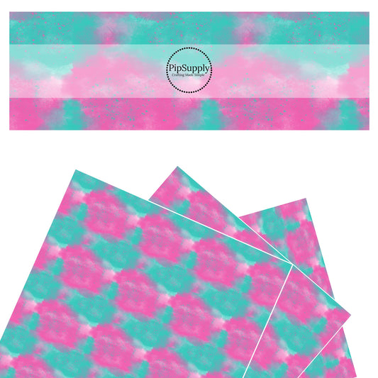 Pink and teal splatter dots on matching watercolor tie dye faux leather sheets