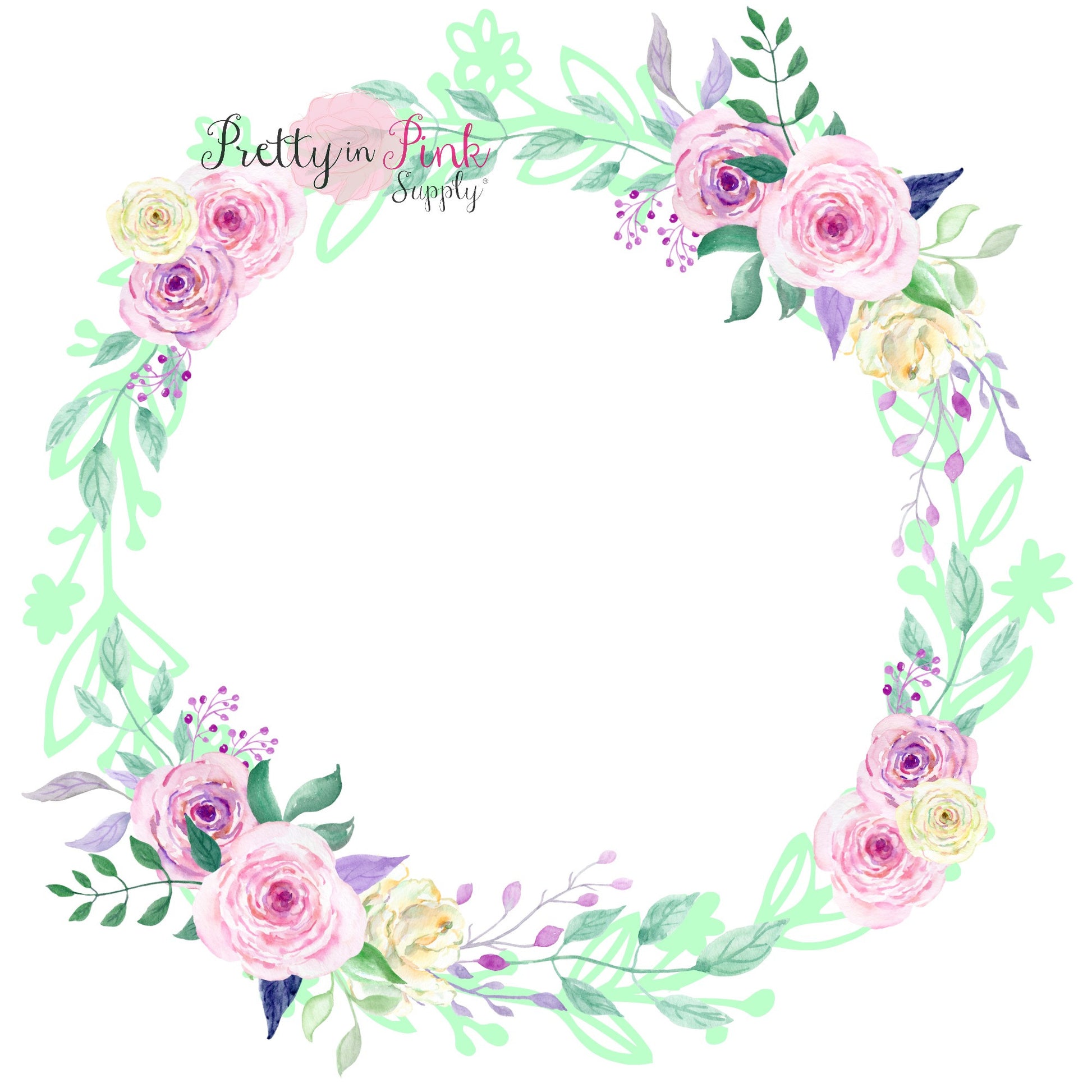 Pink/Lavender Blank Center Floral Wreath Iron On - Pretty in Pink Supply