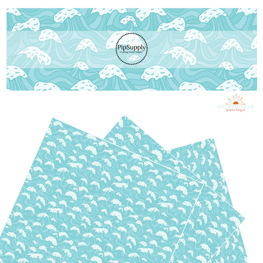 Cyan and white crashing waves faux leather sheets