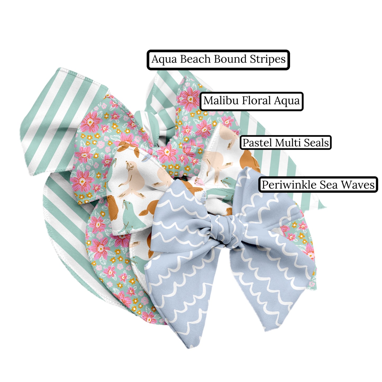 Sea waves, seals, floral, and stripes bow strips