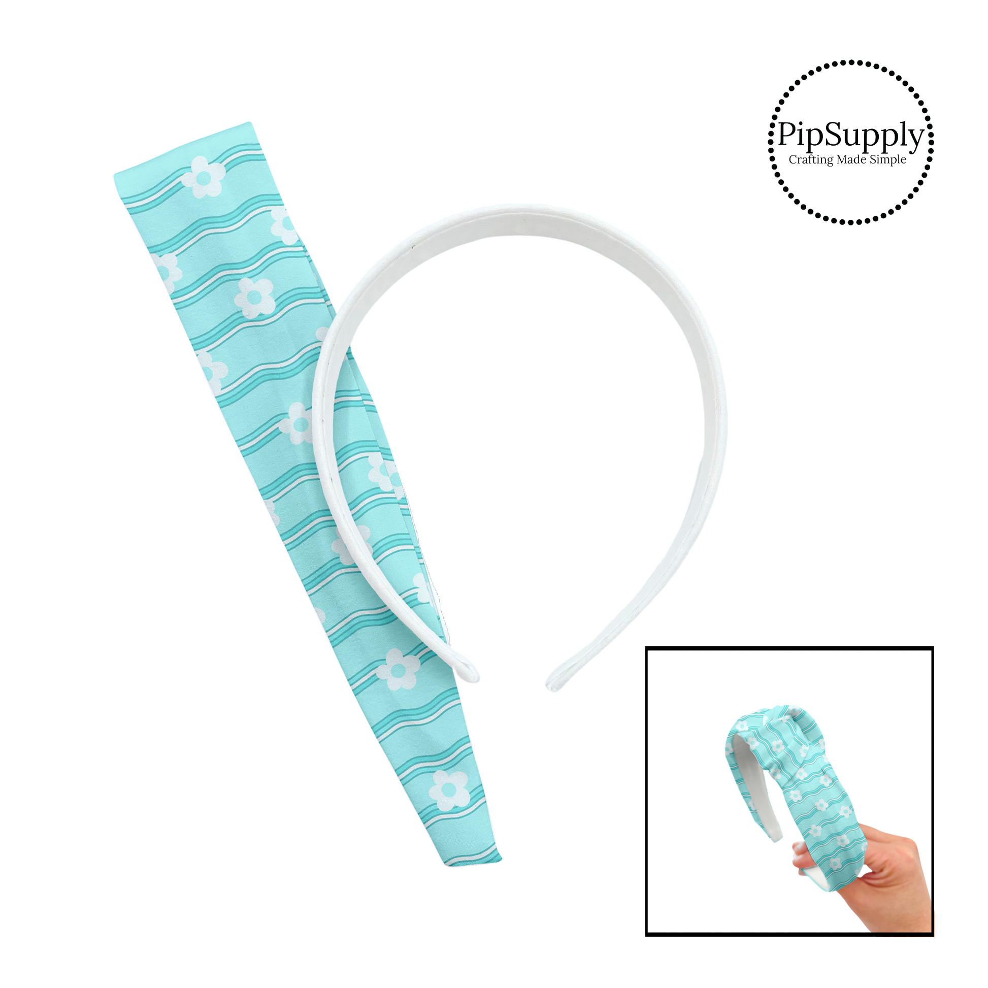 White flowers on cyan and white wavy knotted headband