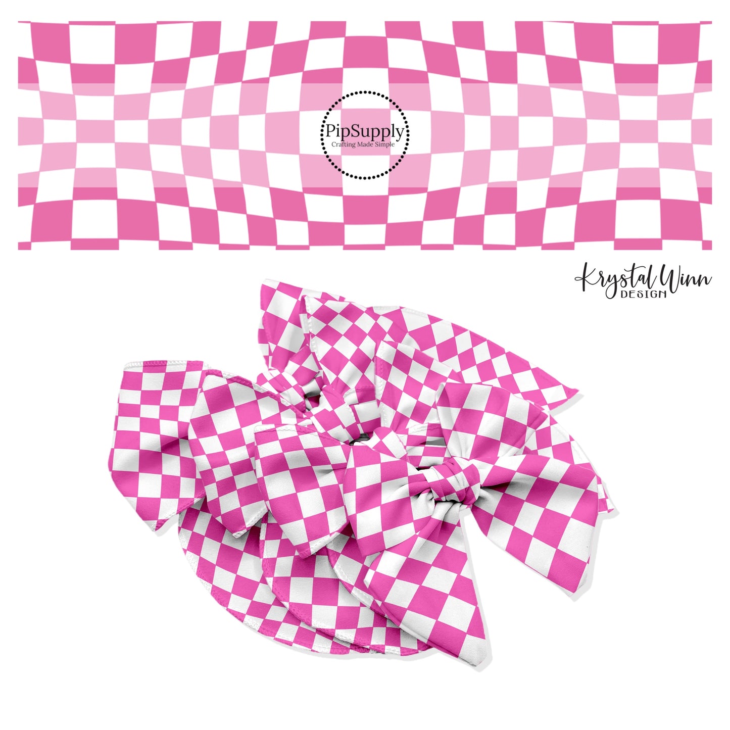 White tiles on pink wavy checkered hair bow strips