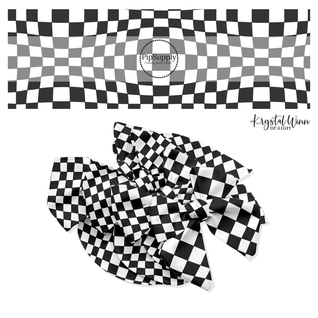 Wavy black and white checkered hair bow strips