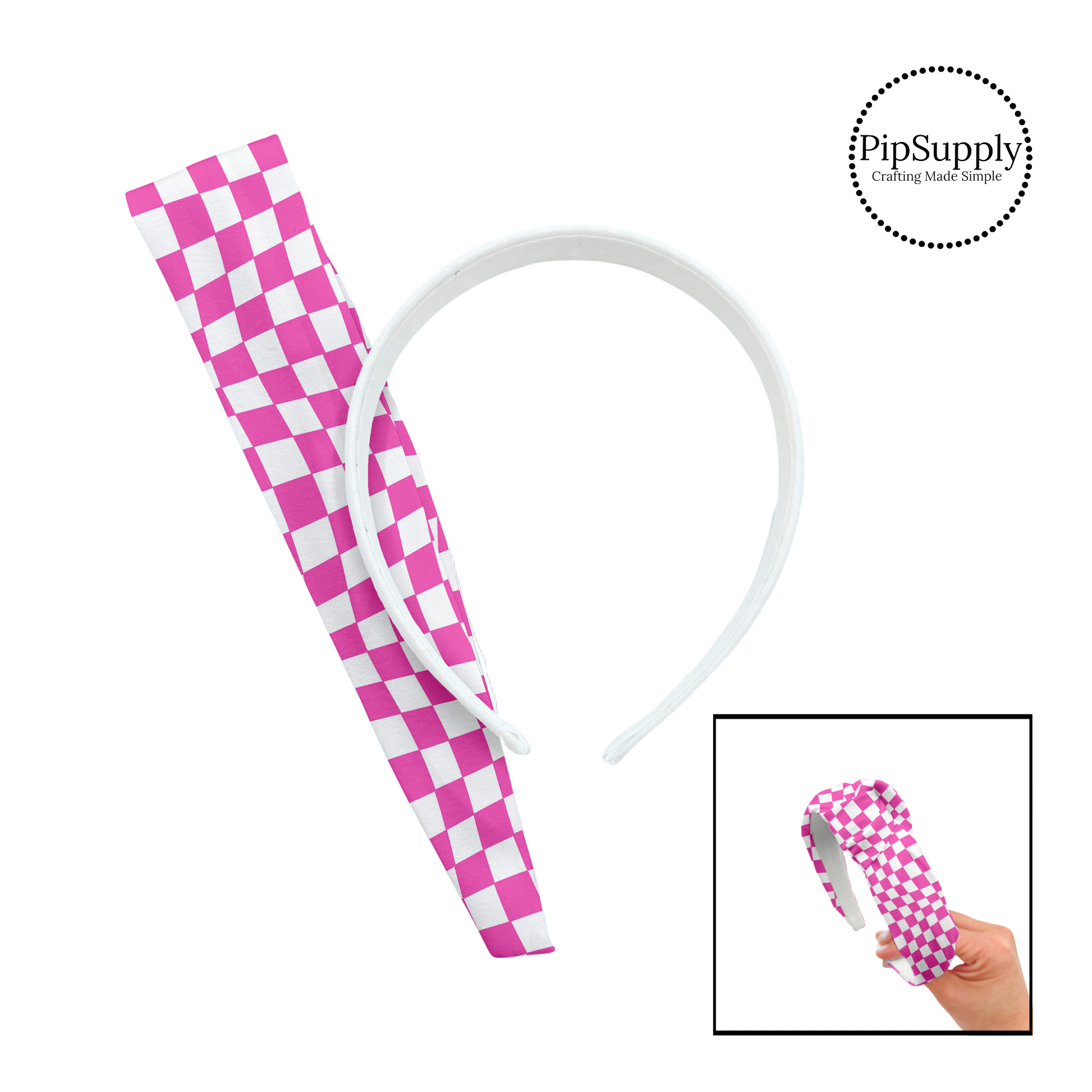 Wavy pink with white checker knotted headband kit