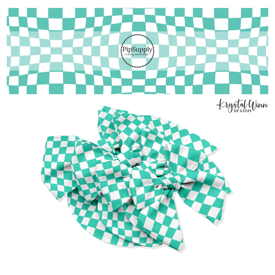 Turquoise and white wavy checkered bow strips