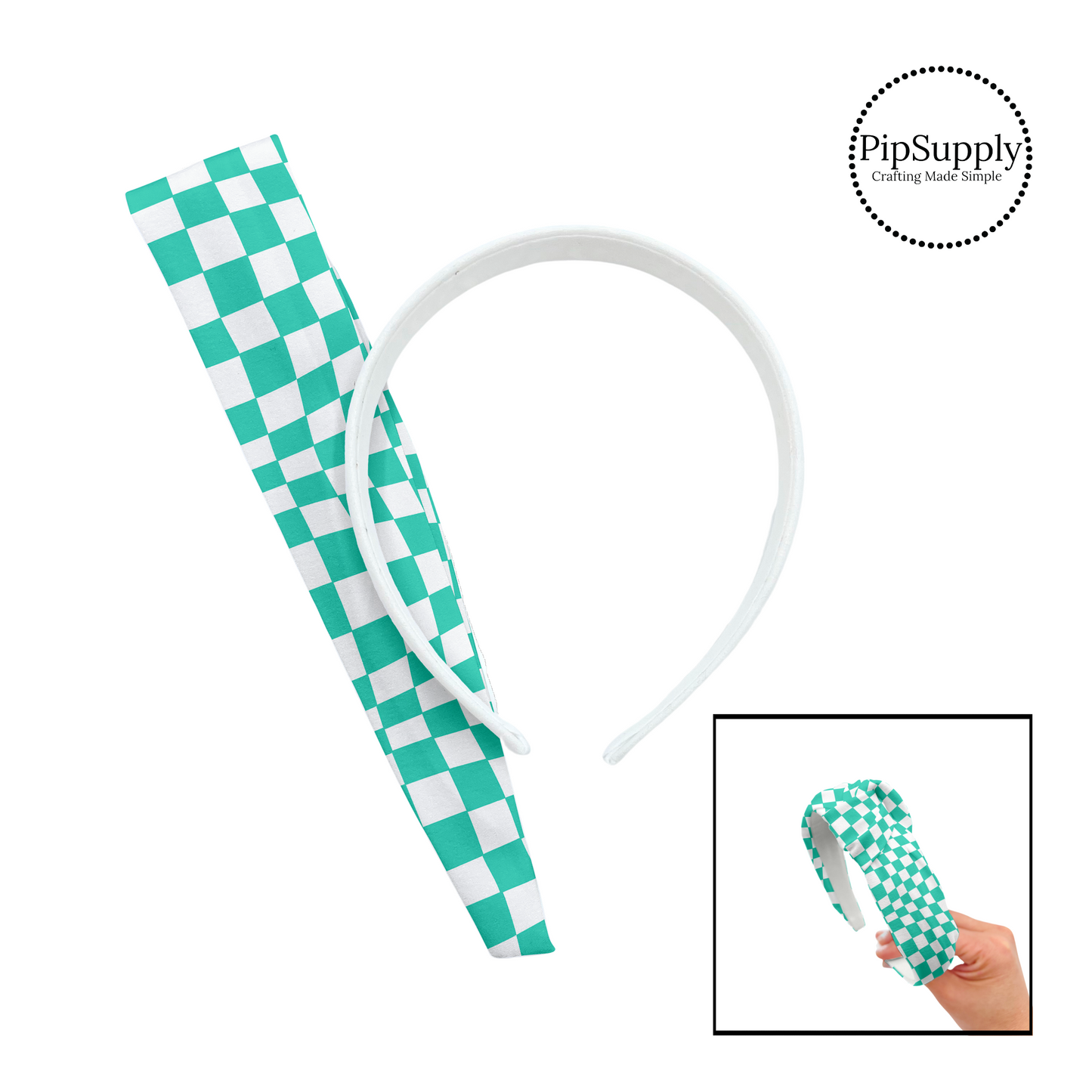 Bright turquoise tiles with white checker diy knotted headband kit