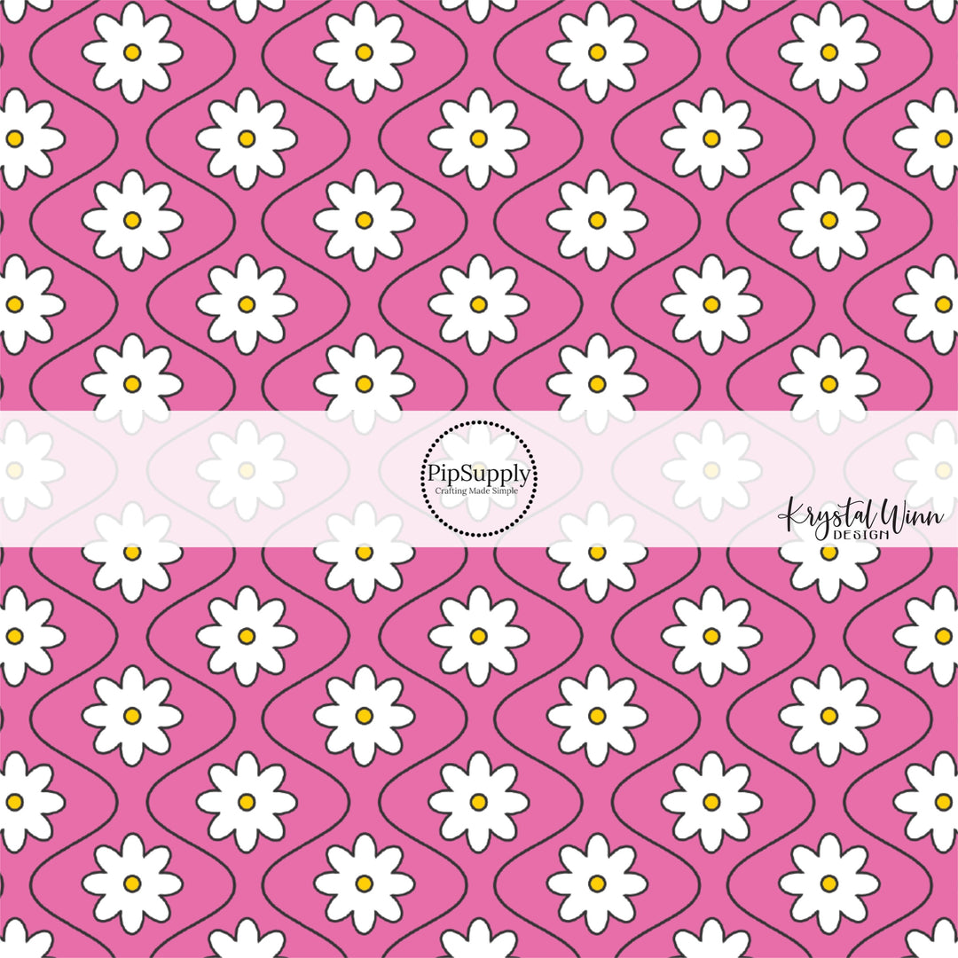 White daisies between black thin lines on pink hair bow strips