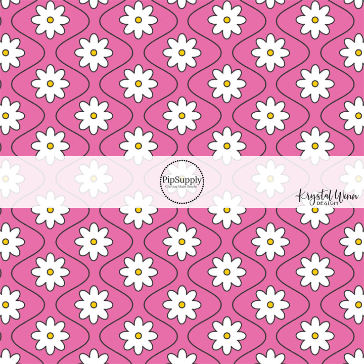 White daisies between black thin lines on pink hair bow strips