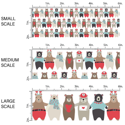 White fabric by the yard scaled image guide with black, gray, and beige cartoon bears