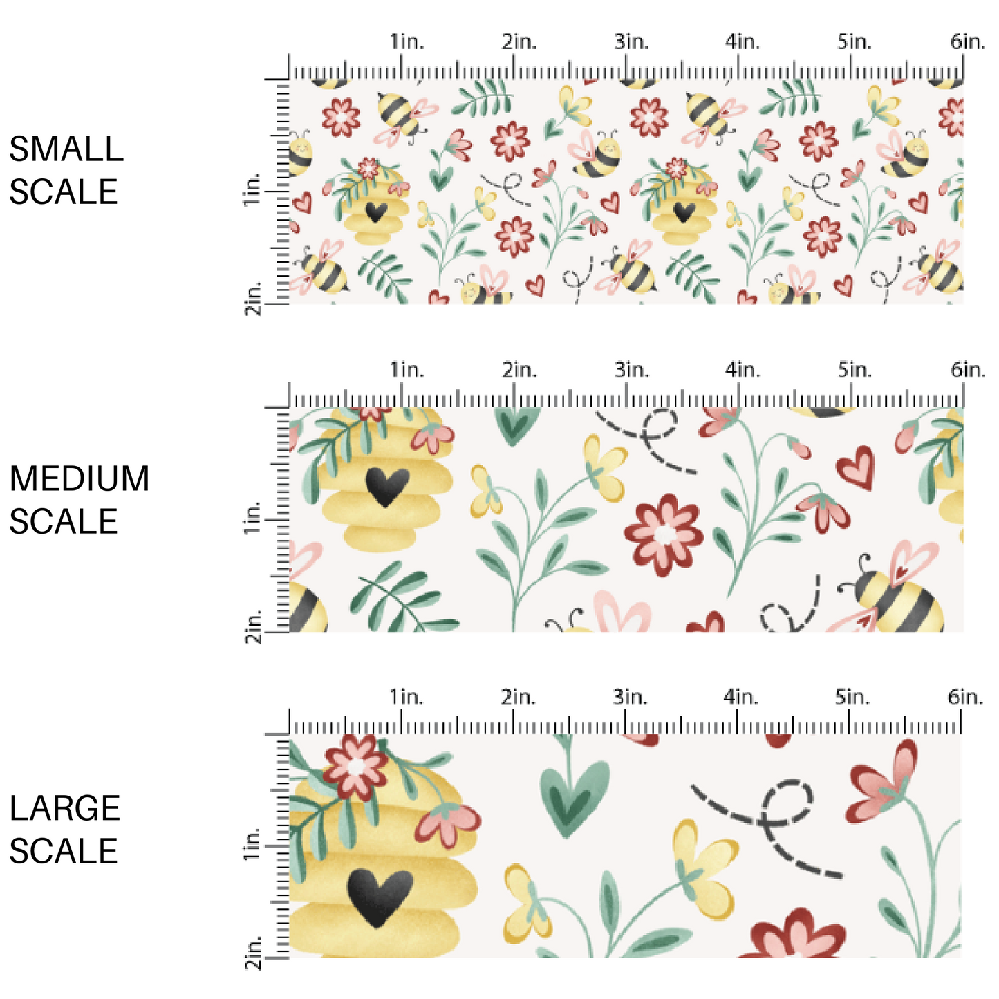 Cream fabric by the yard scaled image guide with bumblebees, beehives, hearts, and flowers