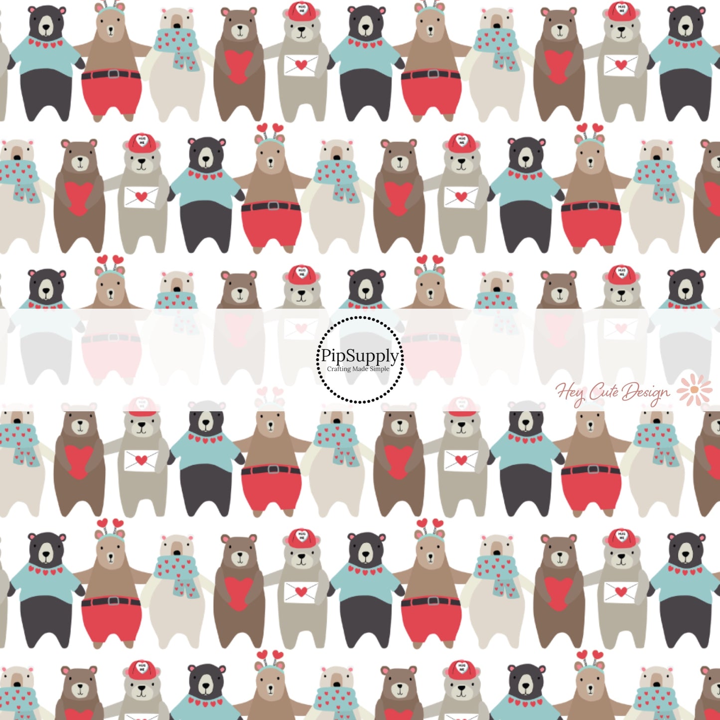 White fabric by the yard with black, gray, and beige cartoon bears