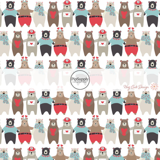 White fabric by the yard with black, gray, and beige cartoon bears