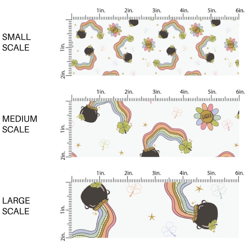 Scaled fabric image guide with wavy rainbows, stars, flowers, and pots of gold