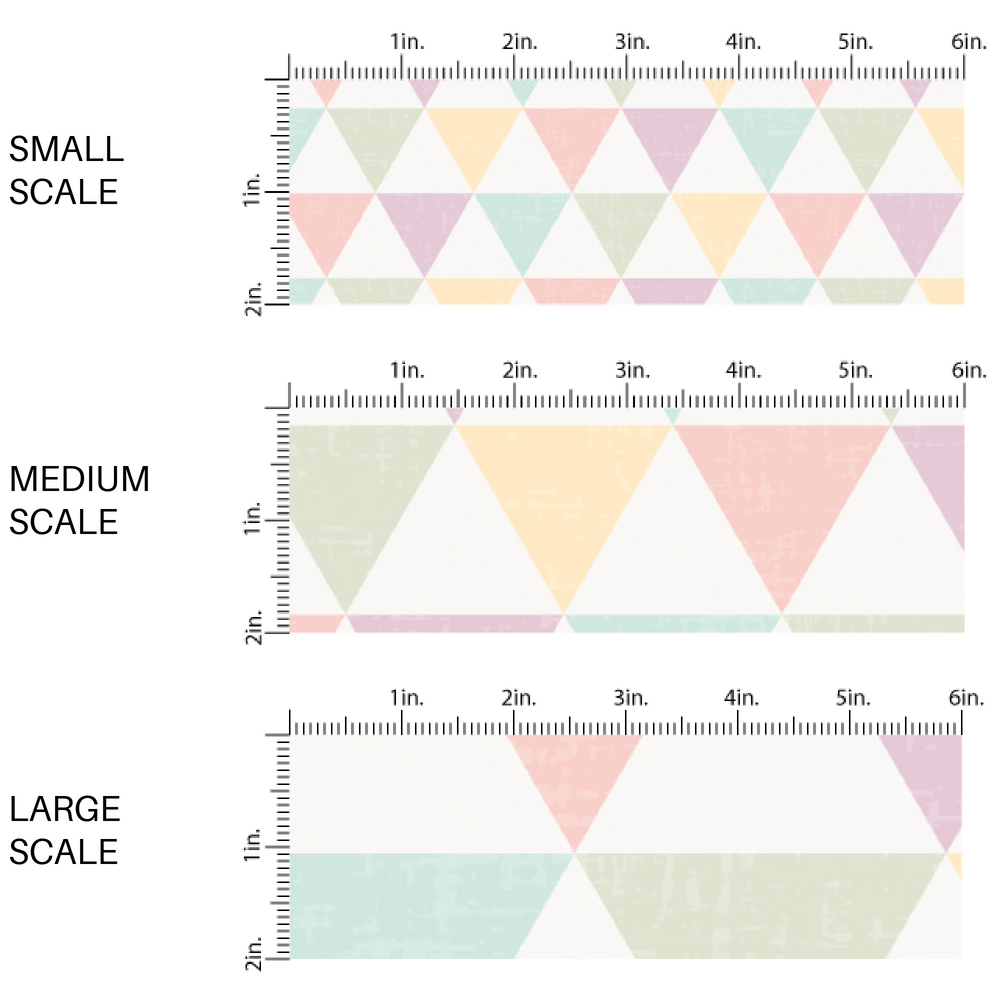 Cream fabric by the yard scaled image guide with pastel yellow, pink, blue, green, and purple triangle cones