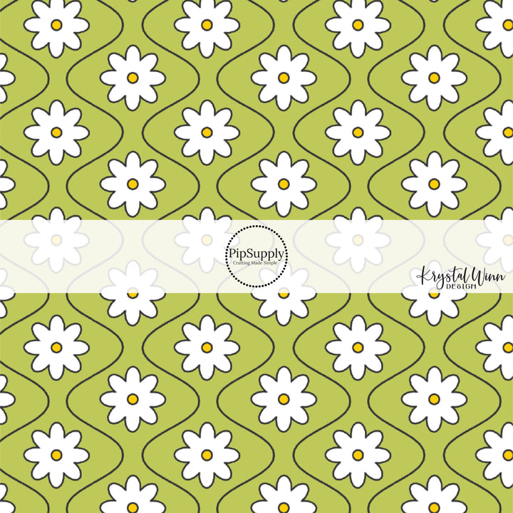 White daisies with black lines on lime bow strips