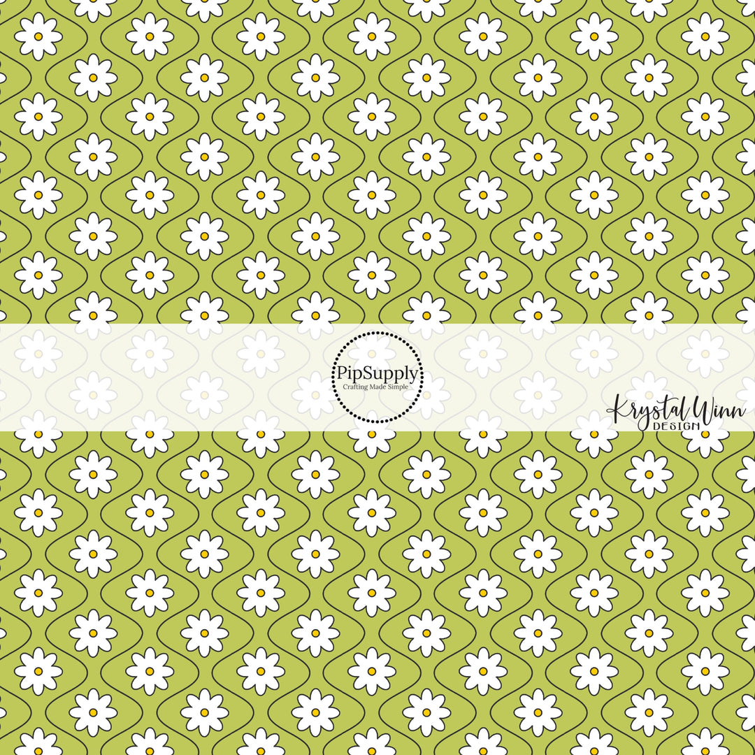 White daisies with wavy thin black lines on lime fabric by the yard