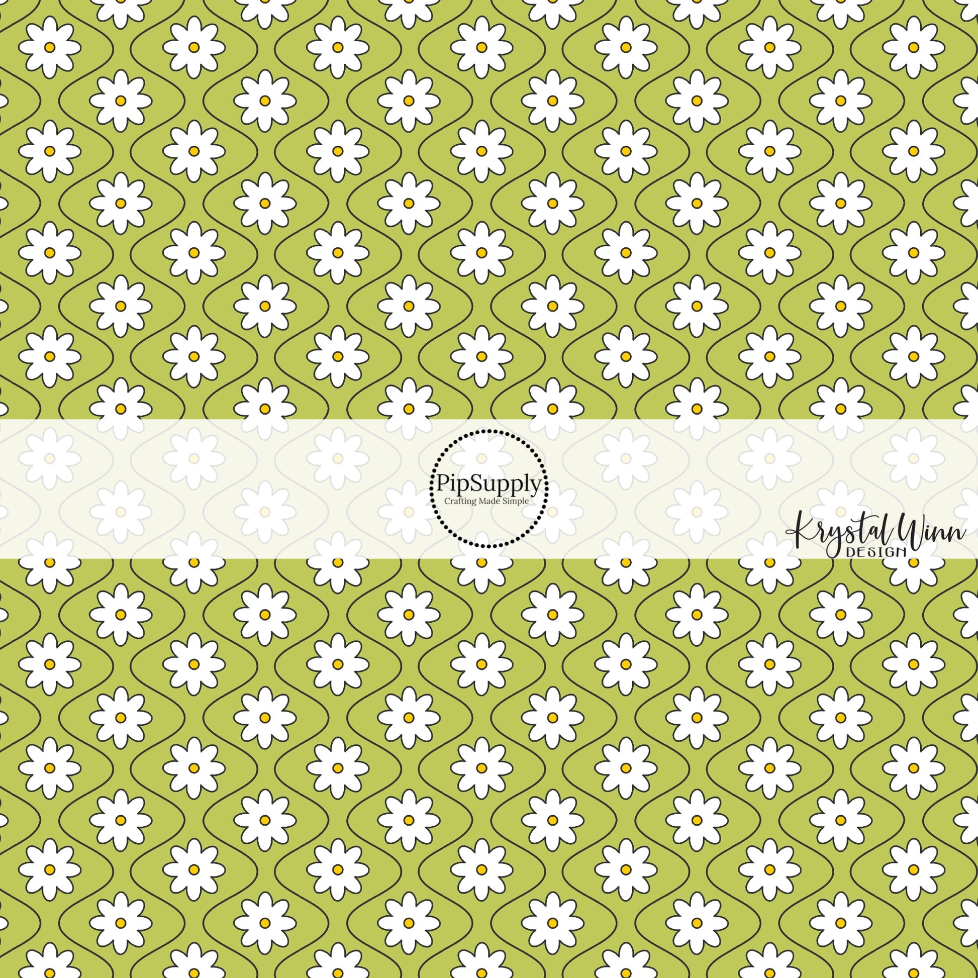 White daisies with wavy thin black lines on lime fabric by the yard