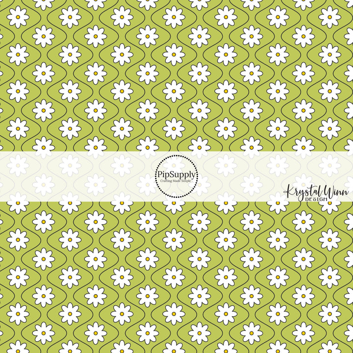 White daisies with wavy thin black lines on lime fabric by the yard