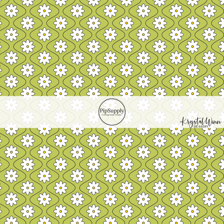 White daisies with wavy thin black lines on lime fabric by the yard