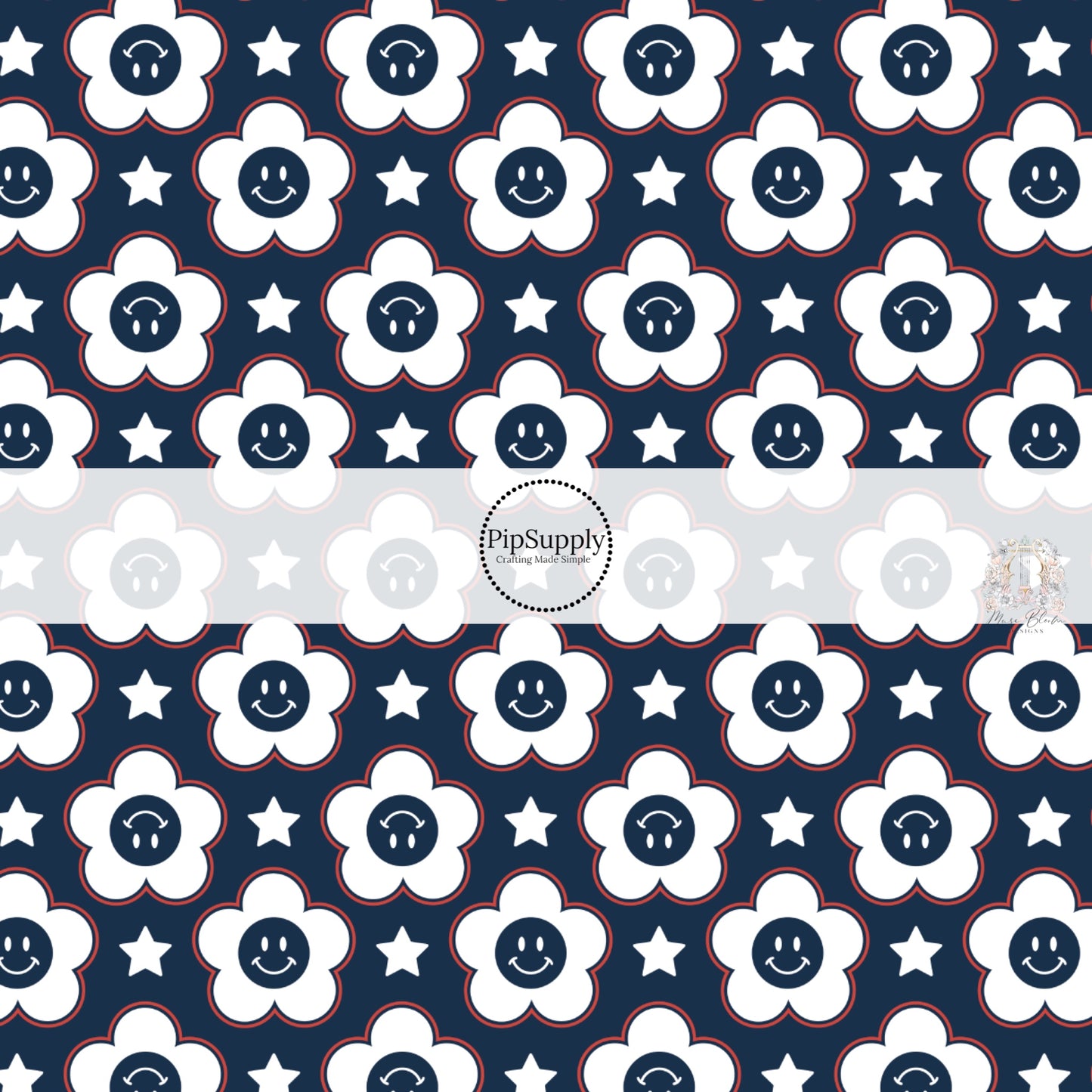 White stars and happy flowers on navy bow strips