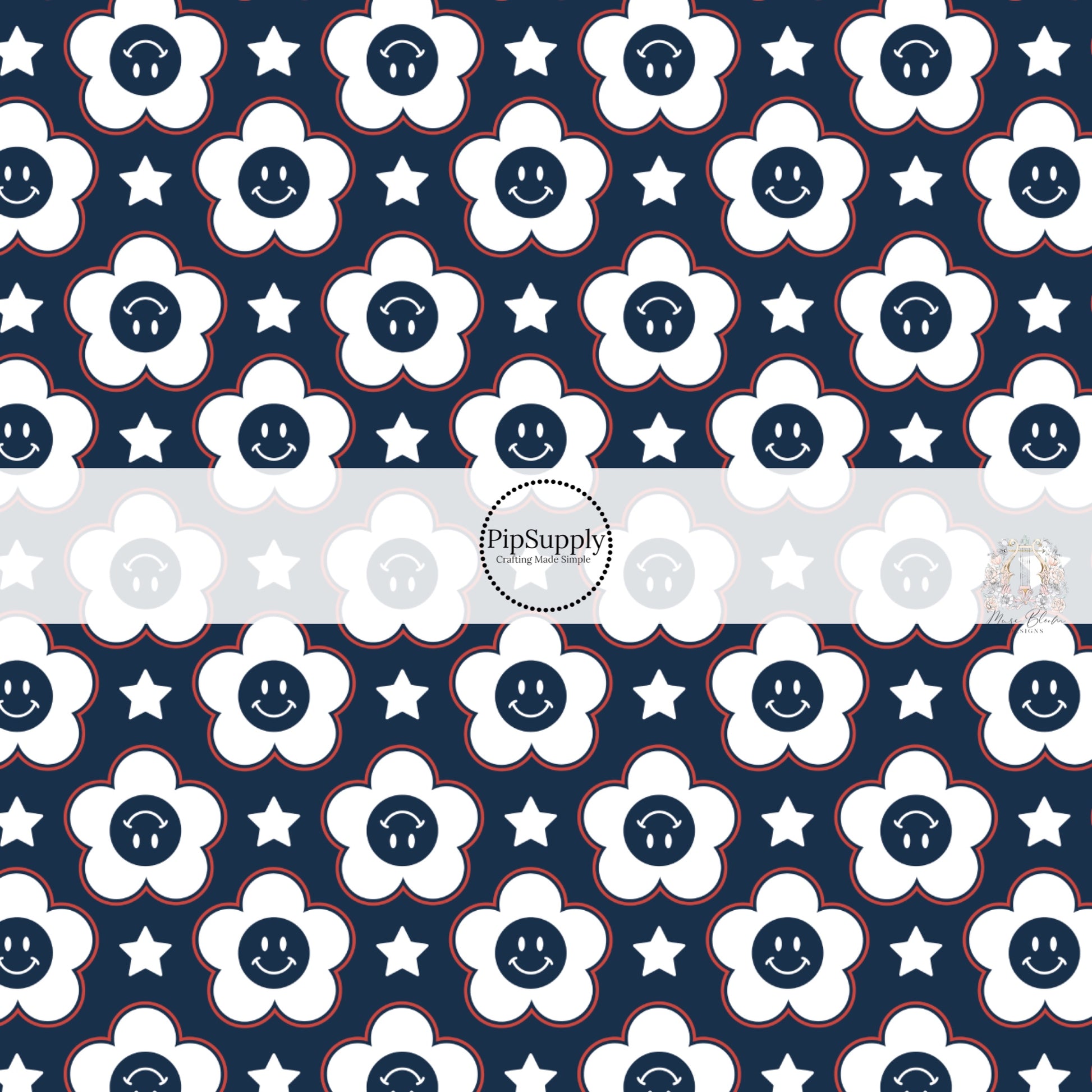 White stars and happy flowers on navy bow strips