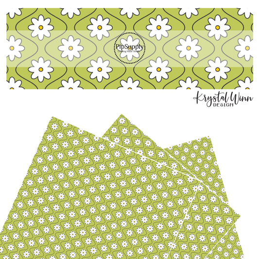 Thin wavy black lines between white daisies on lime faux leather sheets