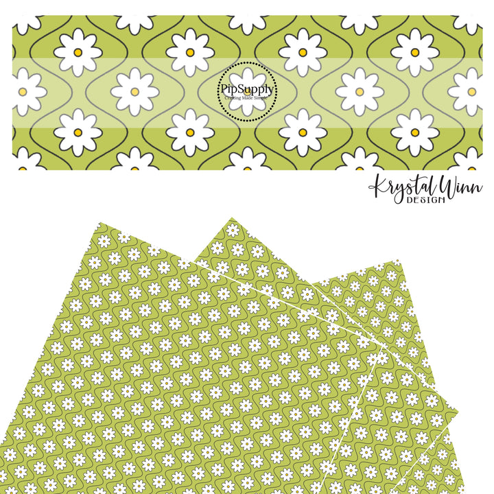 Thin wavy black lines between white daisies on lime faux leather sheets