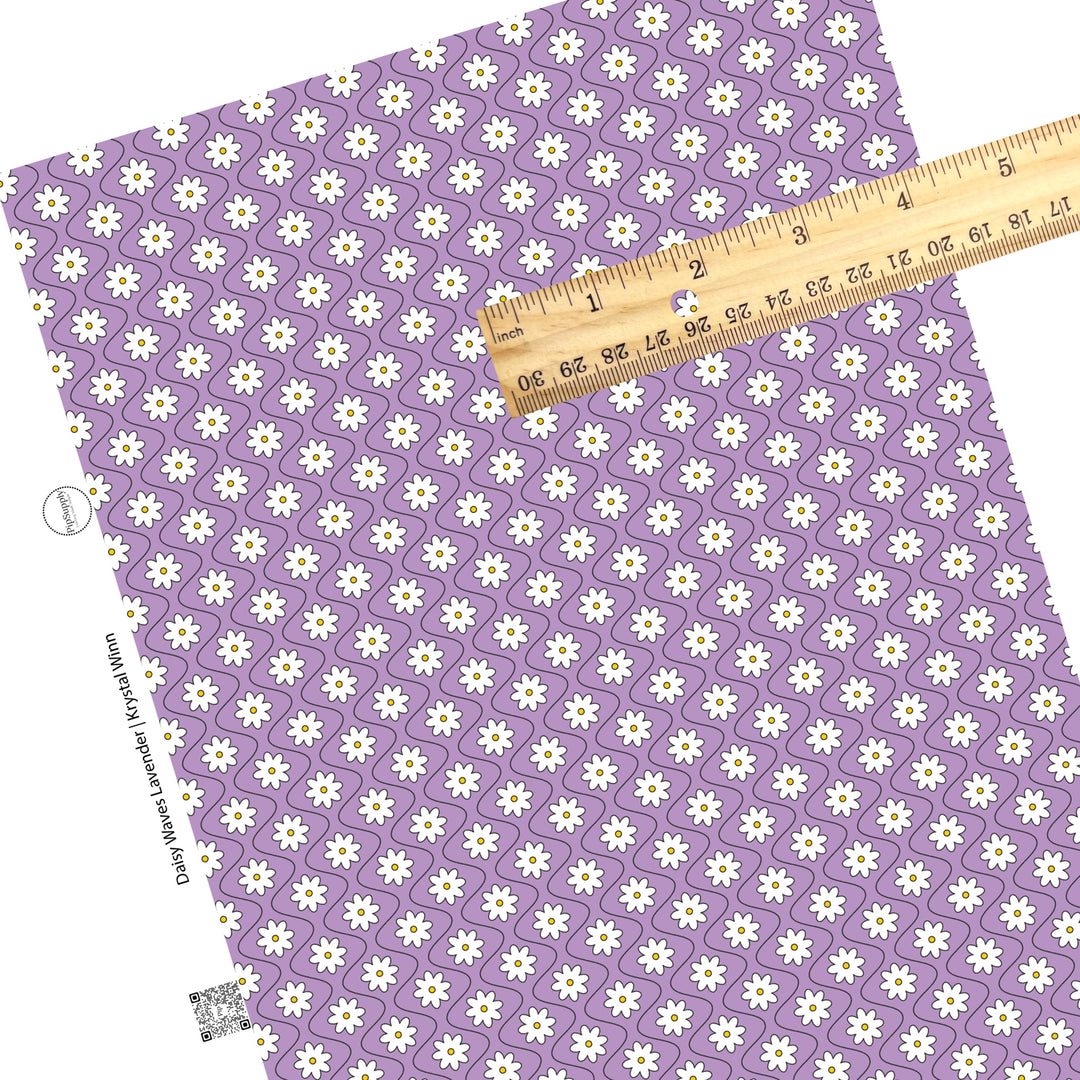 Thin black wavy lines with white daisies on lavender faux leather sheets