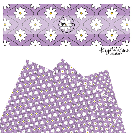 White flowers between black wavy lines on lavender faux leather sheets