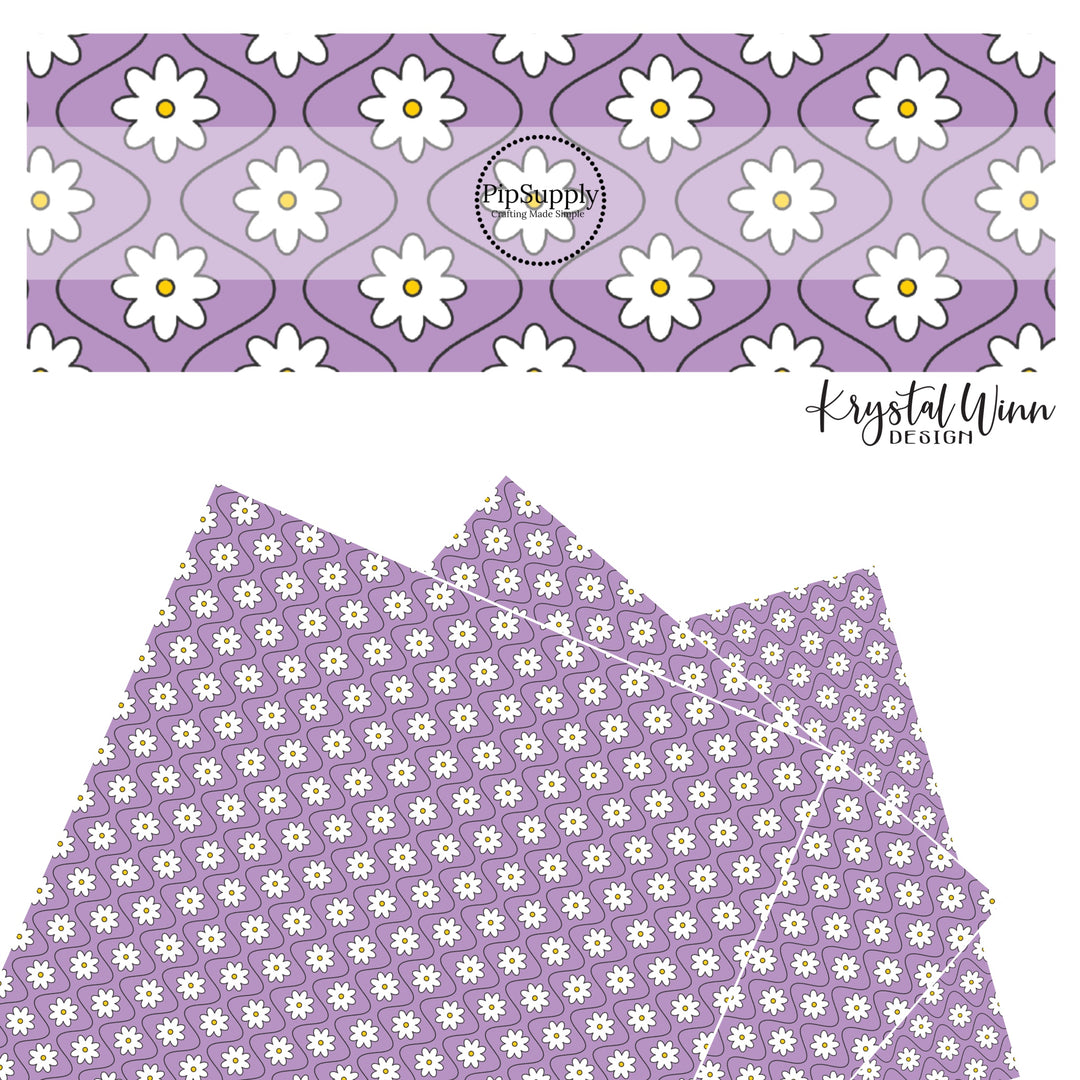 White flowers between black wavy lines on lavender faux leather sheets