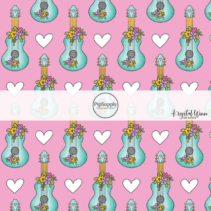 White hearts and floral turquoise guitars on pink hair bow strips