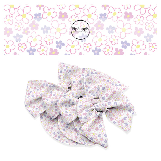 Pink and lavender floral on white bow strips