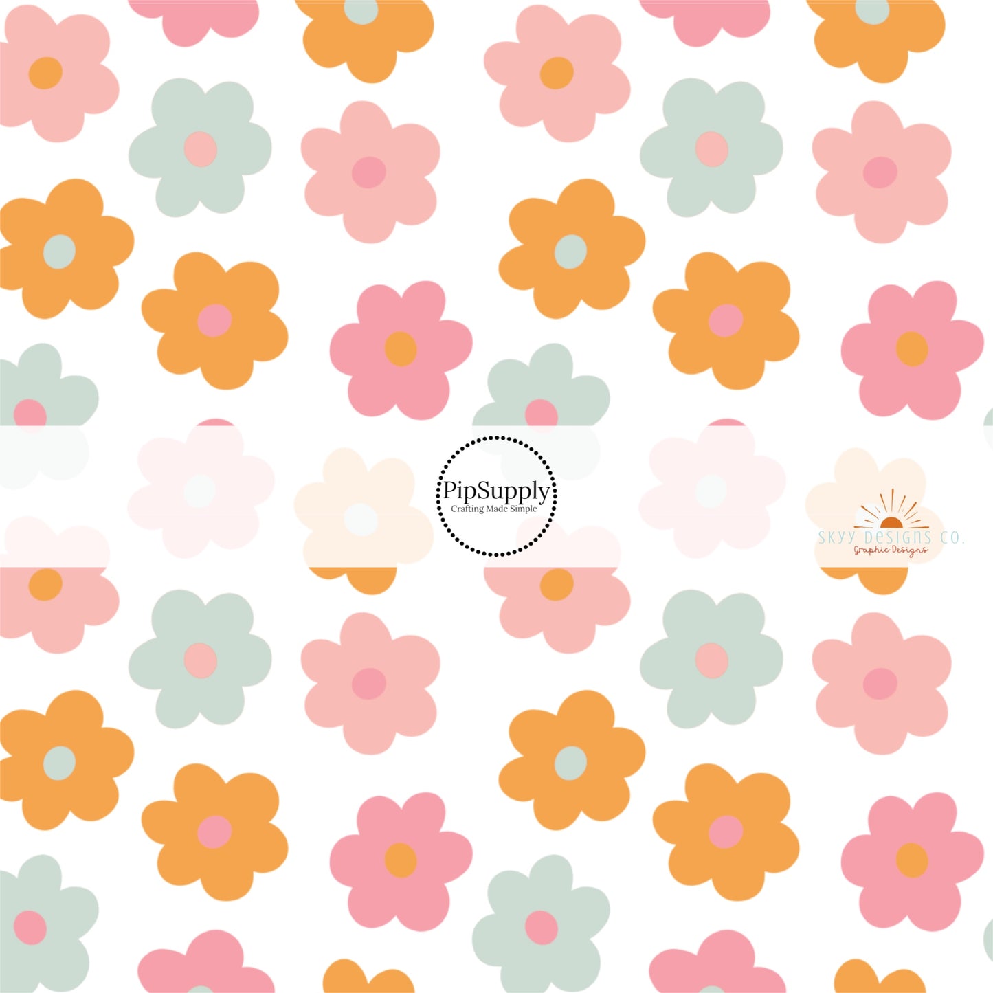 Orange, pink, and blue flowers with multi centers on white bow strips