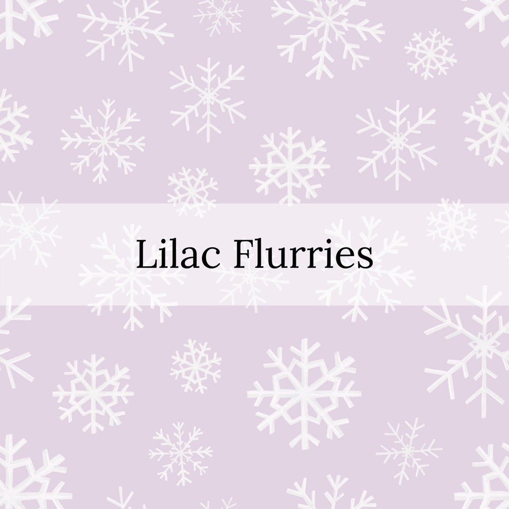 white large and small snowflake flurries on lilac bow strips