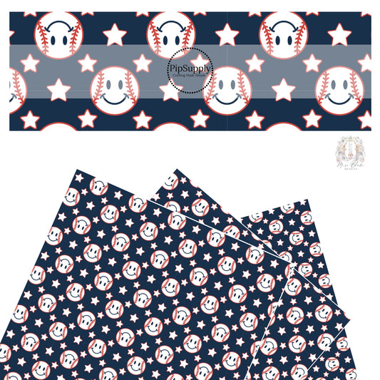 Smiley face white baseballs with white stars outlined in red on navy faux leather sheets