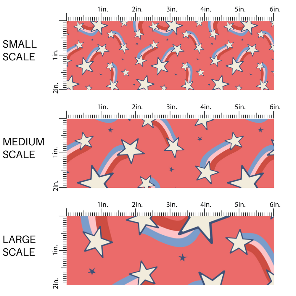 This image has three fabric scales of small, medium, and large scale for the red, blue, and pink rainbows with white stars on the red fabric.