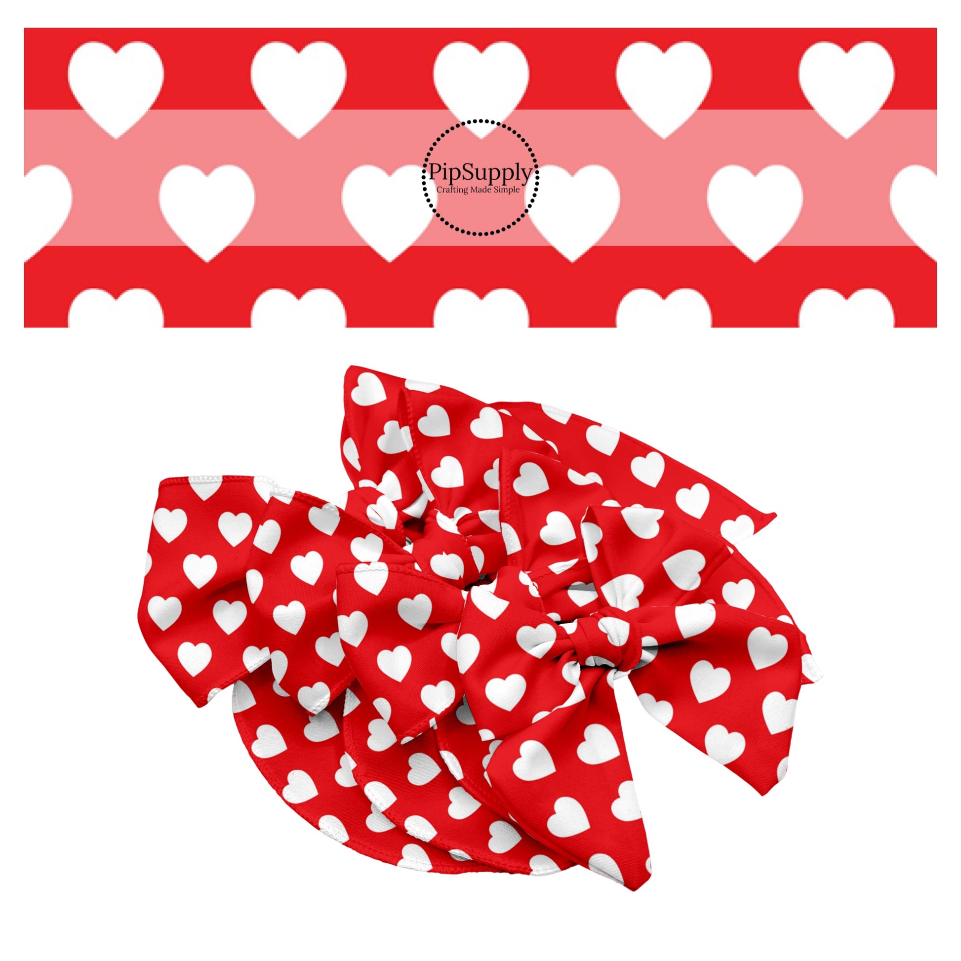bright red bow strips with white hearts