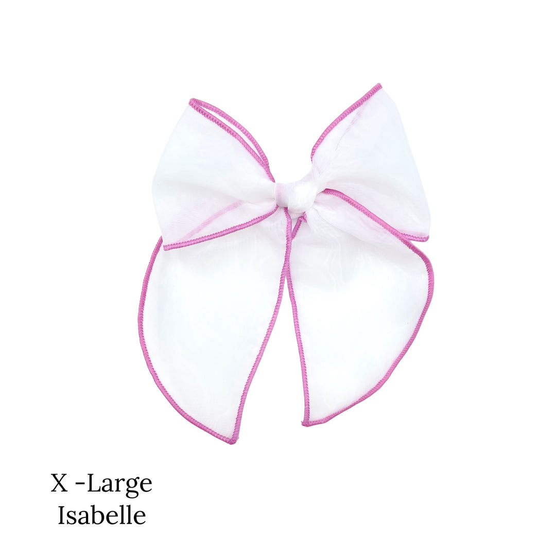 xl tied white bow with purple stitching bow strips