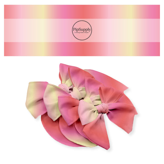 Sailor bow style hair bows in peach and yellow ombre blend pattern.