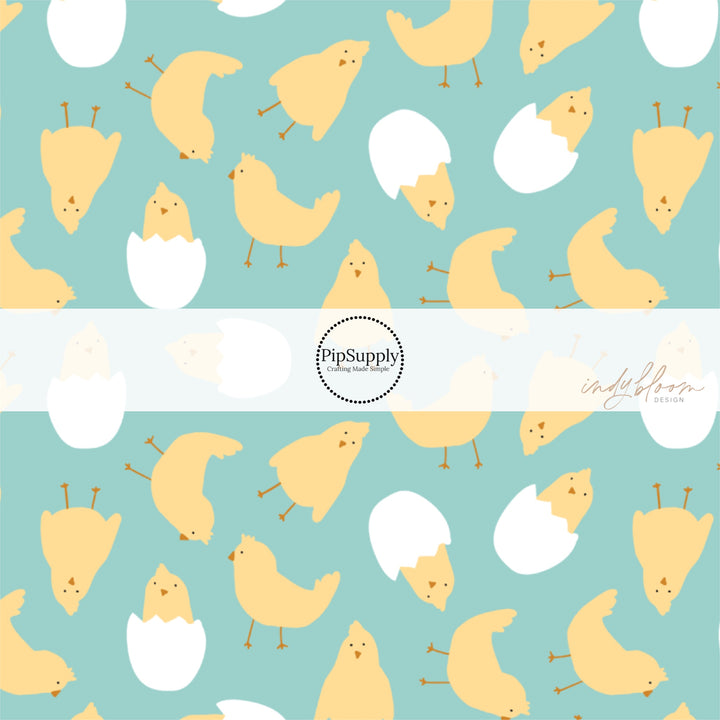 Scattered baby chicks on teal bow strips