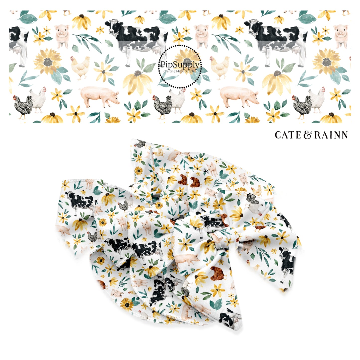 Cows, pigs, and chickens on floral white bow strips 